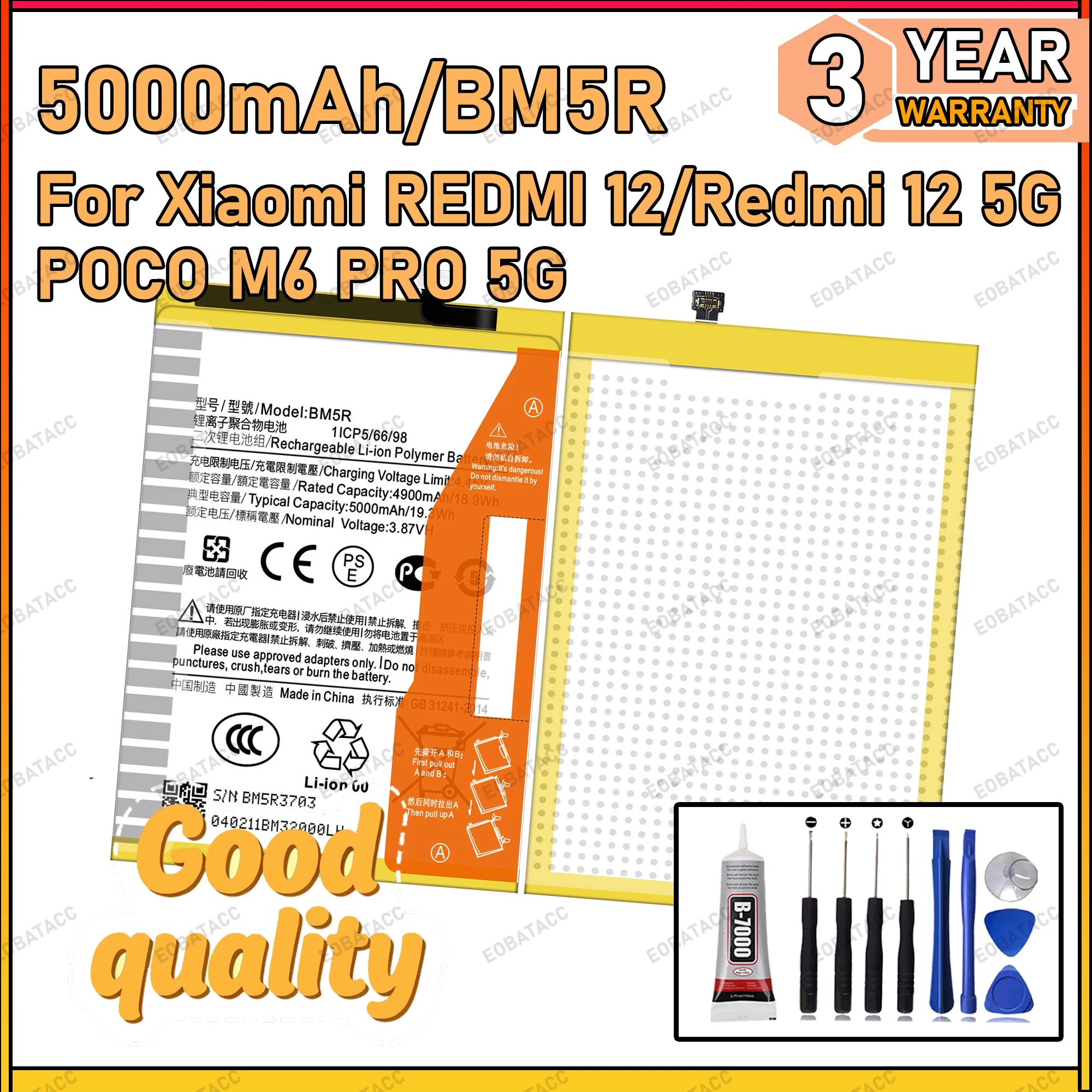 

100% New Zero Cycle BM5R Battery For XIAOMI Redmi 12/Redmi 12 5G/POCO M6 Pro 5G Bateria +Free Tools