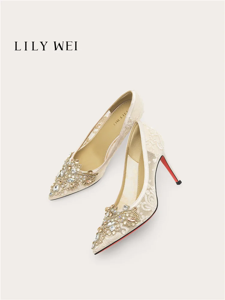 

Spring and summer pointed lace mesh rhinestone flat wedding shoes, banquet big size small size widened high heels women's shoes