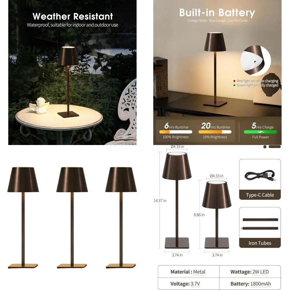 

Портативная перезаряжаемая водонепроницаемая настольная лампа с 3 цветовыми температурами и пошаговым регулированием яркости для дома, офиса и использования на открытом воздухе (B)