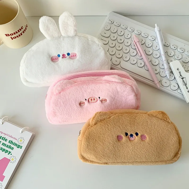 Kawaii Furry Pencil Case for Kids Sweet Cartoon Bunny Piggy Bear Pencil Bag Portable Large Capacity Stationery Storage Bag