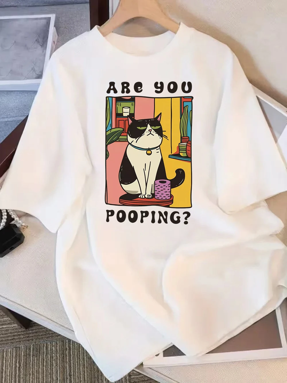 Korean Style Are You Pooping Cat Short-sleeved T-Shirt Tee Funny Animal Graphic Top Trendy Ins Aesthetic Wear for Men & Women