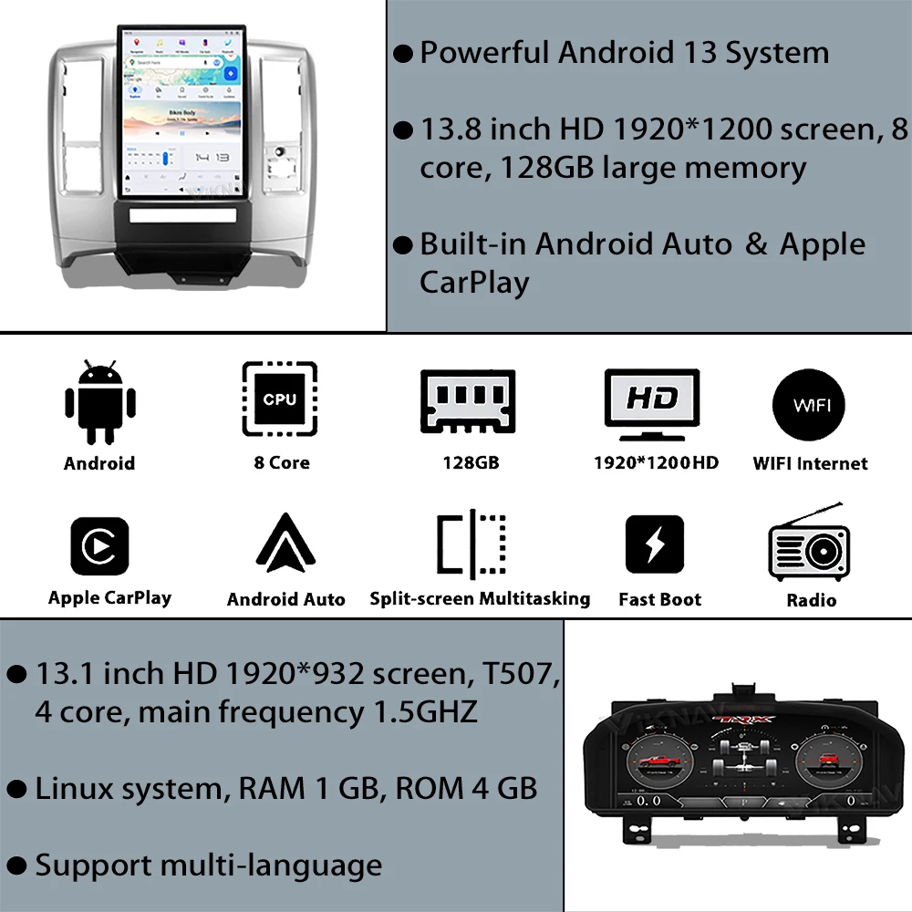 VIKNAV Android 13 Car Radio For Dodge RAM 2008-2011 13.8 Inch Touch Screen Multimedia Player Head Unit with Digital Instrument