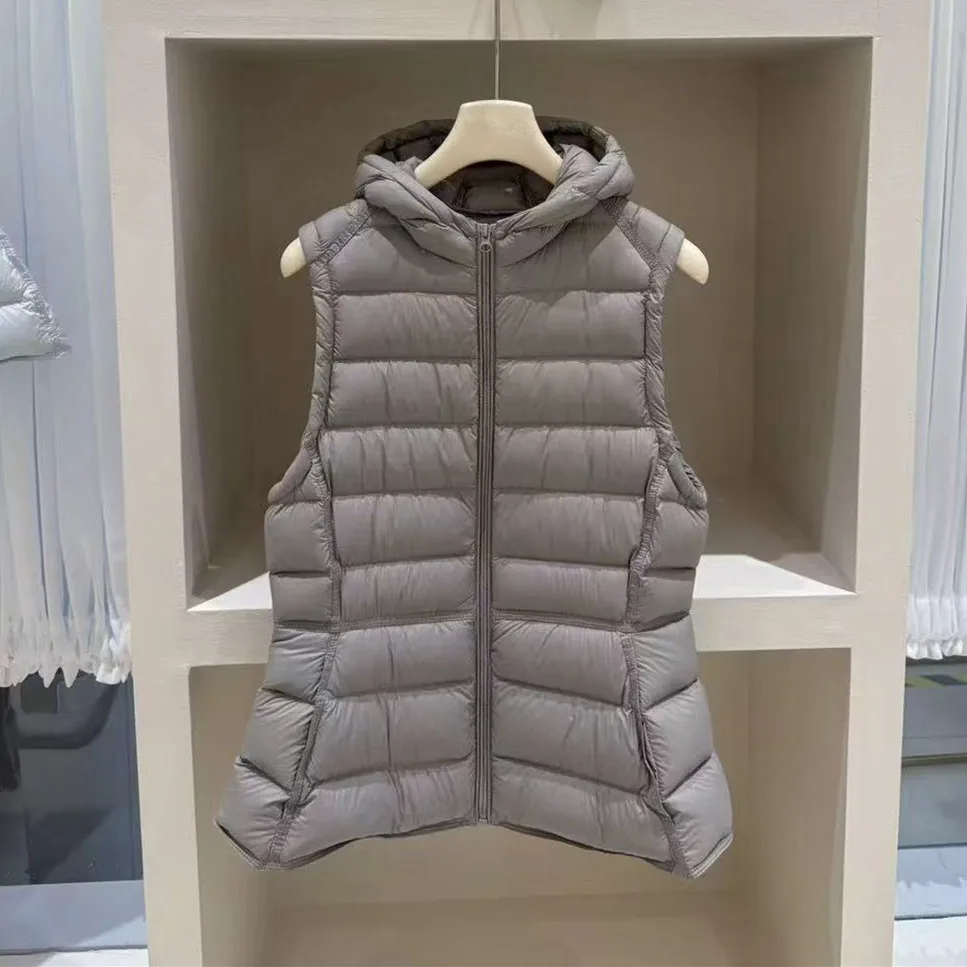 90% velvet autumn and winter new hooded pork ribs down vest women High waist cinched light down vest jacket fashion
