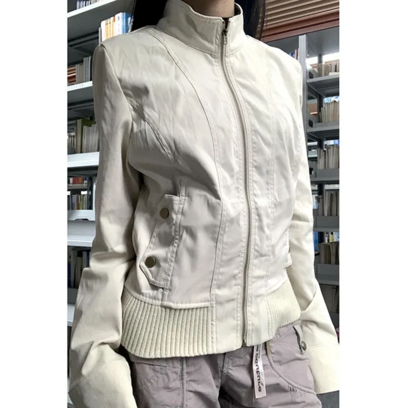 

American Retro Solid Color Casual Long-sleeved Jacket Women 2025 Autumn New Stand Collar Zipper All-match Cargo Jacket