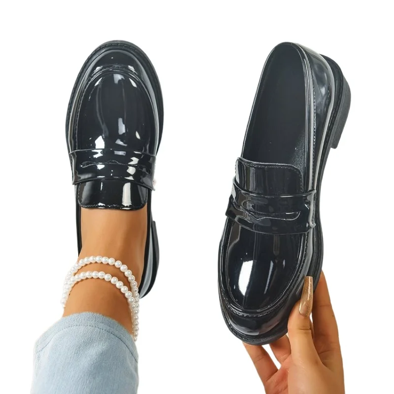 

New Lacquered and Matte Leather Thick Soled Leather Shoes for Women, Available in 5 Colors and Plus Sizes 35-42