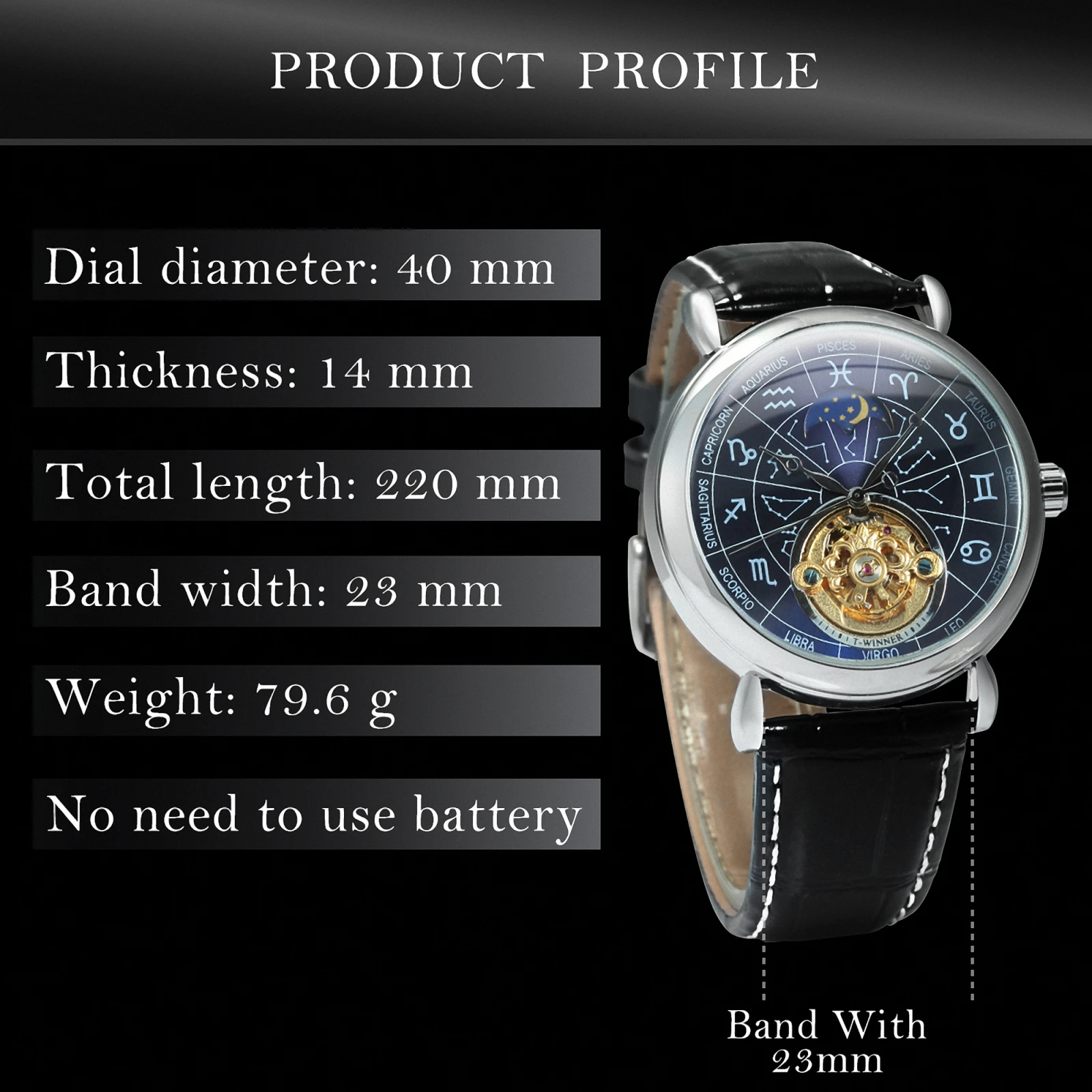 WINNER Luxury Mechanical Watch for Men 12 Zodiac Constellations Astronomical Luminous Automatic Watches Leather Strap Wristwatch