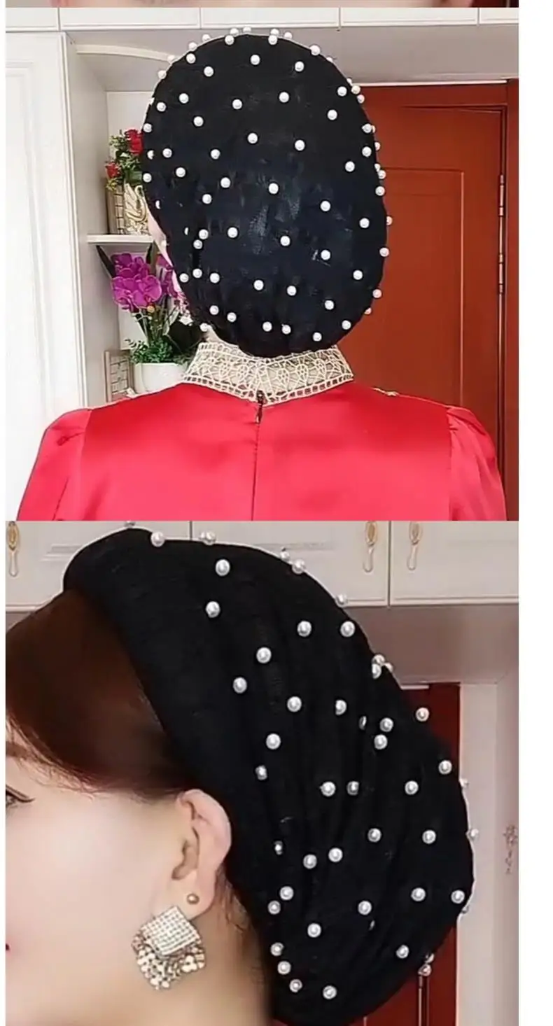 Perle indiane Perline Cappello turbante in pizzo con fascia per capelli per donna Avvolge la testa Fascia Foulard musulmano Cofano femminile Bandane