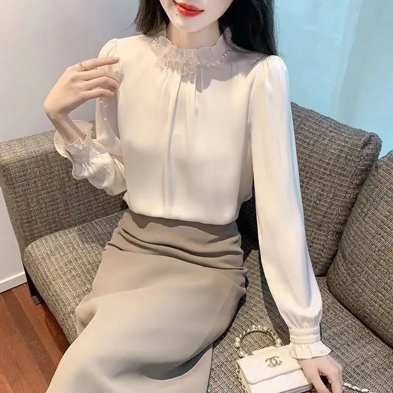 2023 Spring Autumn Stand Collar Fashion Solid Color Long Sleeve Blouse Women Elegant Pleated Edible Tree Fungus All-match Shirt