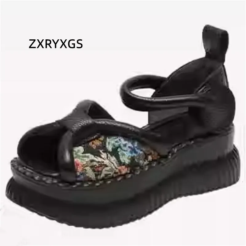 

ZXRYXGS High-end Top Cowhide Embroidery Sandals Fashion Shoes 2024 New Summer Open Toe Women Wedges Sandals Increased Shoes