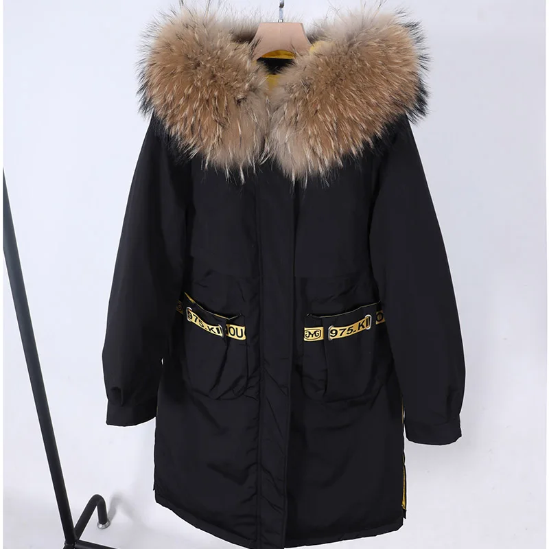 MAOMAOKONG 2022 Winter Down Jacket Women Natural Real Raccoon Fur Collar Long Coat Luxury Female Clothes Parkas Puffer Jacket