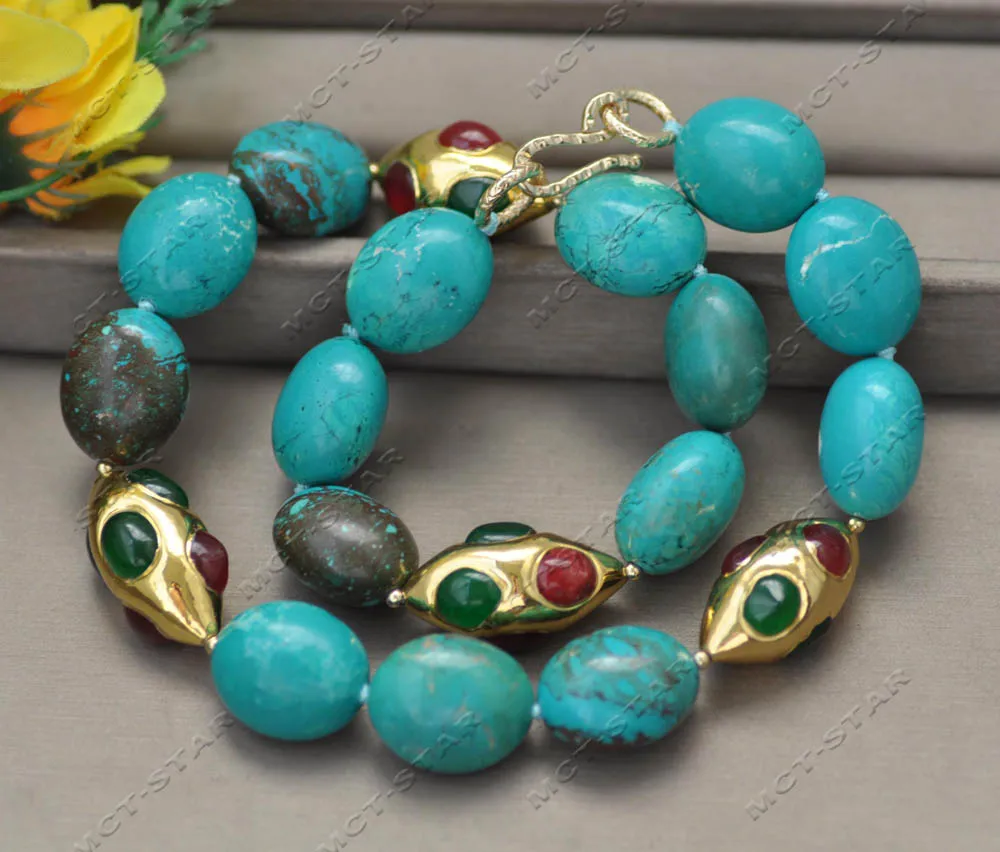 Z13568 Big 21'' 23mm Ellipsoid Egg Green Turquoise Red Green Agate Shuttle  Necklace