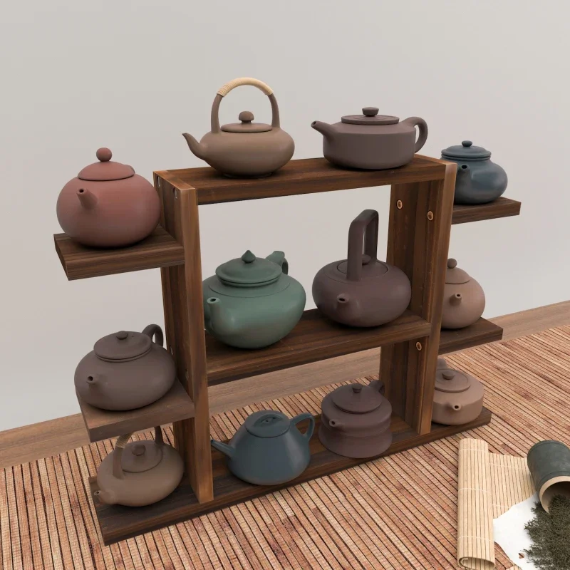 

Small Bogu Shelf on The Table - Tea Cup Storage Shelf, Solid Wood Chinese Purple Clay Pot Organizer, Tea Display, Teapot Holder