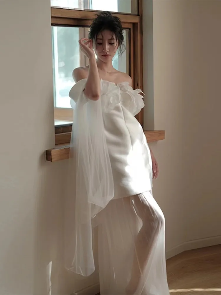 

Morning Gowns Bridal off-Shoulder Light Wedding Dress White Simple Temperament Banquet Long Entry Lux