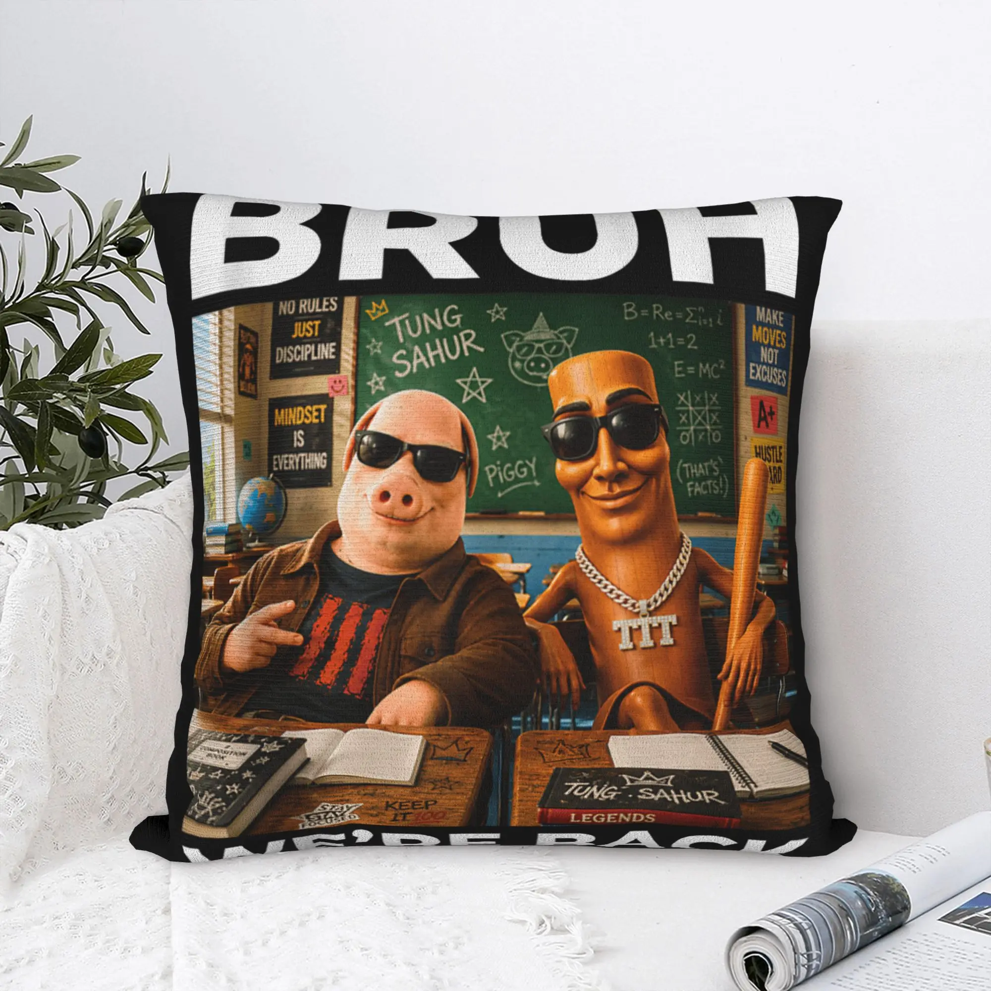 Pillow Cover Brainrot Class Room Triple T Sahur John Pork School Meme AI  Vintage Pillow Case For Living Room Chair Pillowcases
