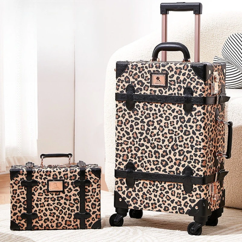 2026 New Vintage Leopard Print Rolling Luggage for Women,20 Inch Boardable Travel Suitcase,Password Lock Fashion Trolley Case