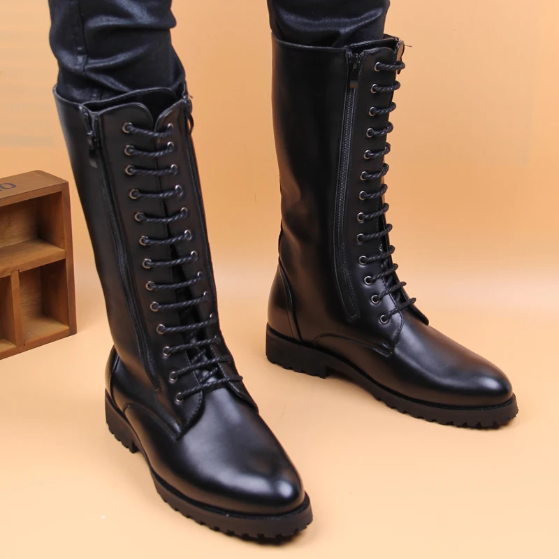 fashion motorcycle boots for men autumn winter genuine leather shoes black lace-up cowboy boot high botas masculinas nightclub