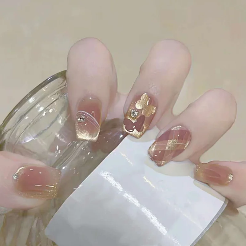 24Pcs Short Square French Nails Set Press on Shiny Powder Rhinestone Fake Nails 3D Bow Design Reusable Full Cover False Nail Tip