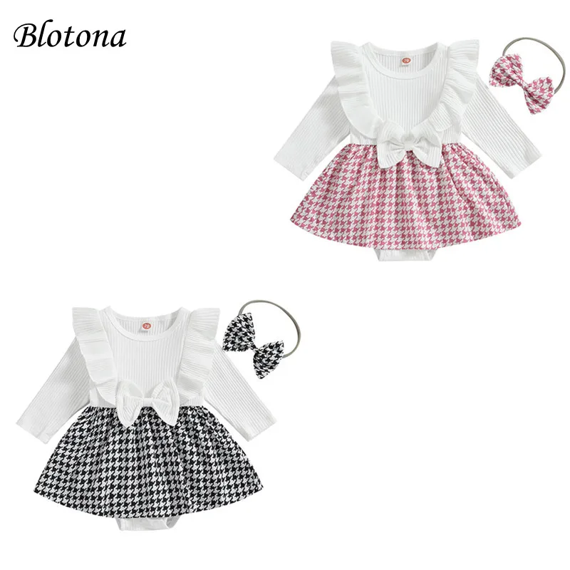 

Blotona Infant Girl Romper Dress Long Sleeve Rib Knit Skirt Hem Jumpsuit Newborn Baby Bodysuit with Headband 0-24Months