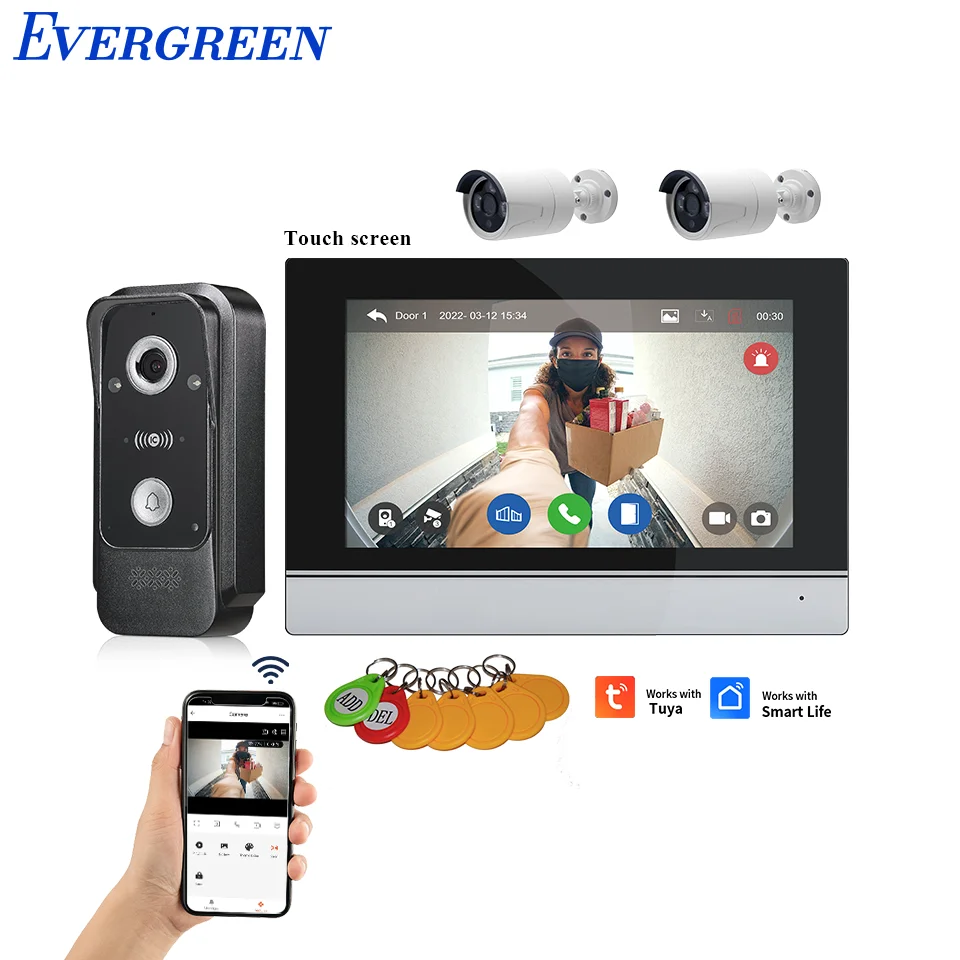 Home Security Doorbell 7 Inch IPS Touch Screen Wired Video Intercom 120° Wide Angle IP65 Waterproof Tuta App Remote Unlock
