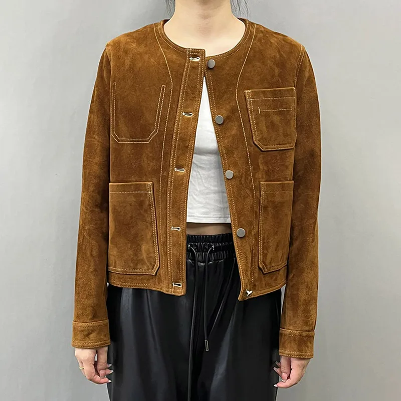 Short Leather Suede Jackets Women Lapel Collar Long Sleeves Button-up Front Buckle Cropped Lady Vintage Female Suede Jacket