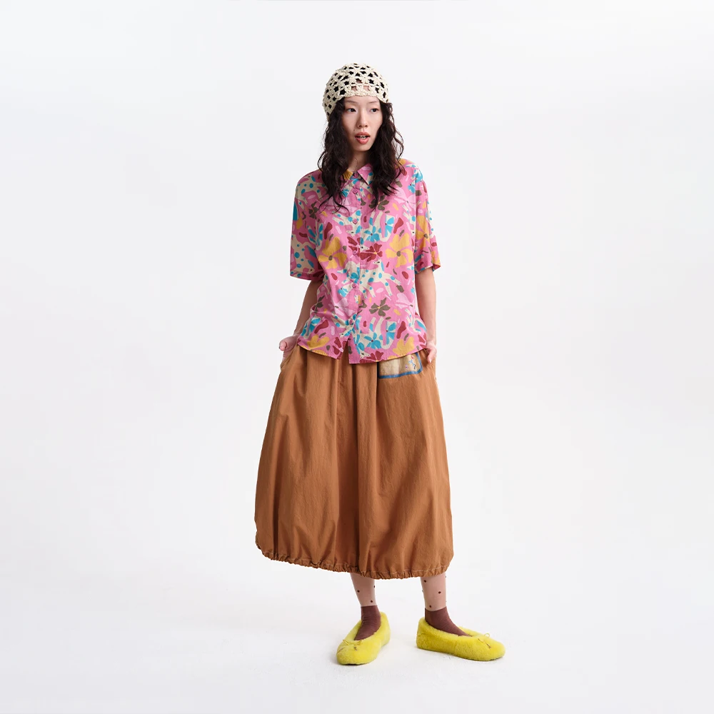 MOVEUP A-line Skirt 2026 Spring New Pure Cotton Stretch Waist Cartoon Printed Midi Skirt For Women Loose Retro Casual  3ELC20606