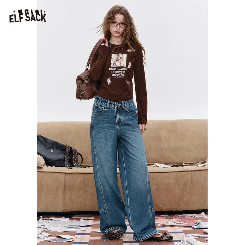 

ELFSACK 2025 Autumn New Arrivals Casual Vintage Washed High Waist Solid Color Loose Jeans For Woman