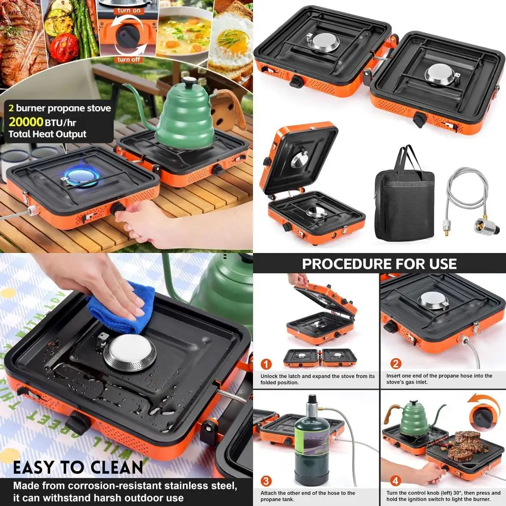 موقد للتخييم، 2 شعلة، 20000 وحدة حرارية بريطانية، موقد تخييم قابل للطي، موقد تخييم محمول من البروبان مع لهب قابل للتعديل، إشعال بيزو وC #1
