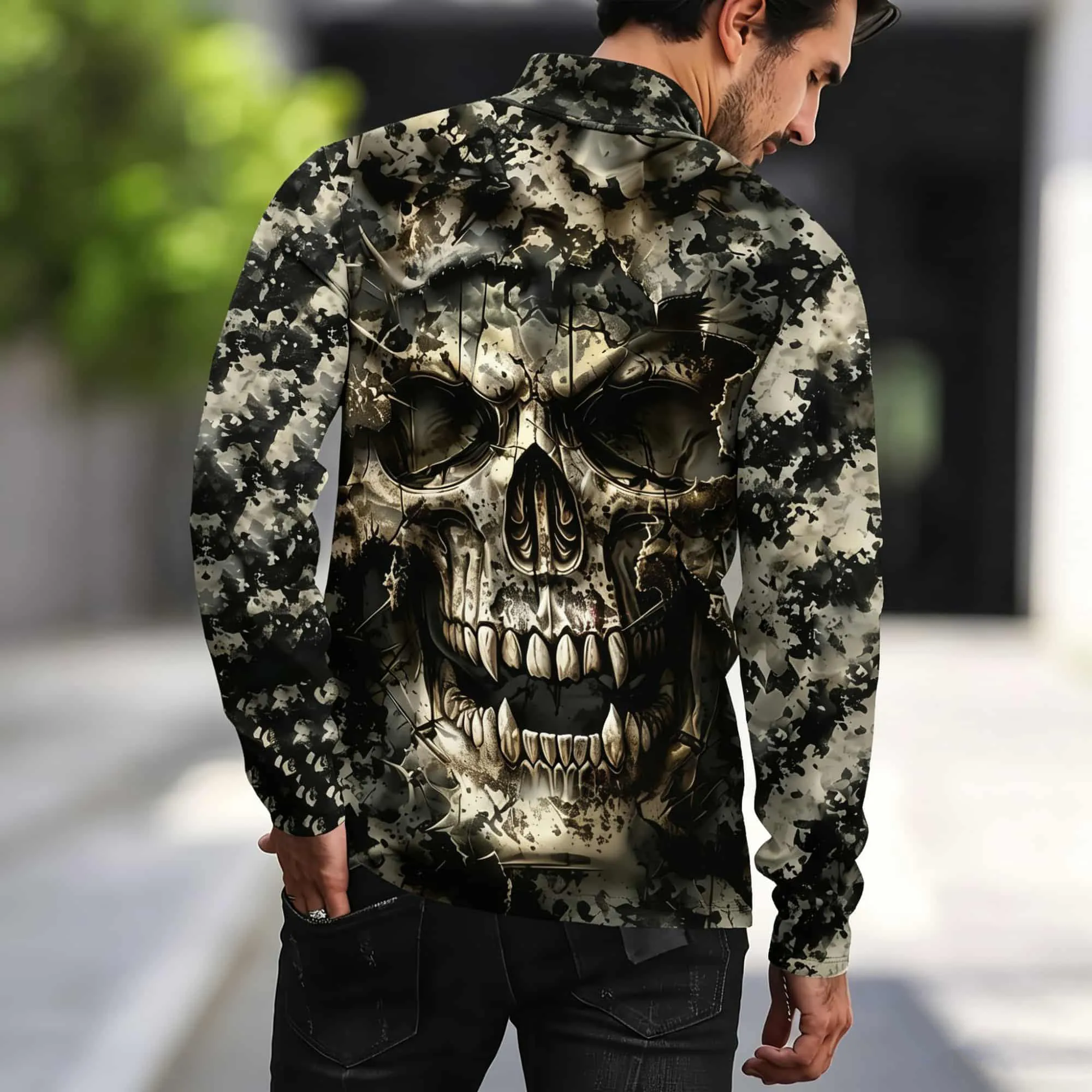 Men's Mock Neck Long Sleeve T‑Shirt Retro Skull Camo All‑over Print Pullover Casual Streetwear Polyester Top For Autumn Winter