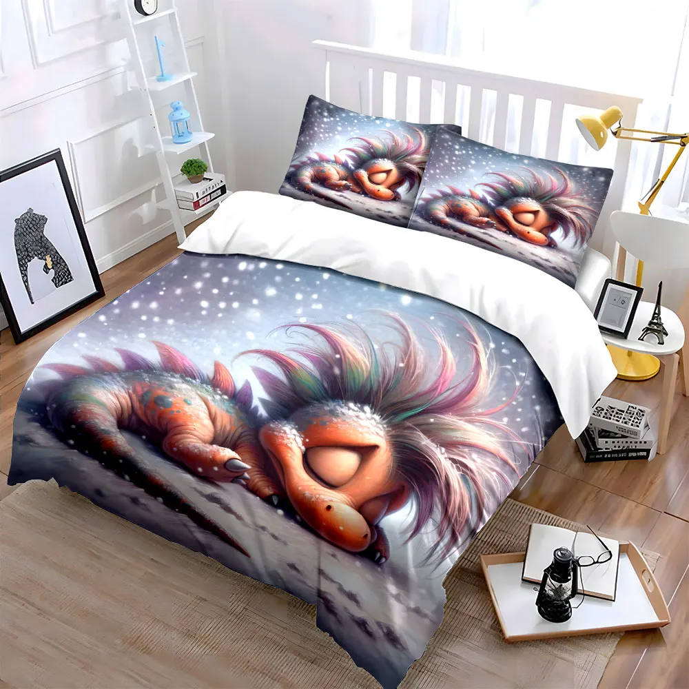 Colorful baby dragon sleeping in snow Duvet Cover Set with 3D Printing Design Soft Polyester Bedding Set All-Season Comfort