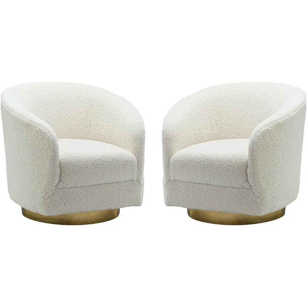 Swivel Accent Barrel Chair Set of 2, Modern Faux Fur Curved Swivel Chair, Fleece Accent 3D Armchair with Gold Metal Base(Ivory)