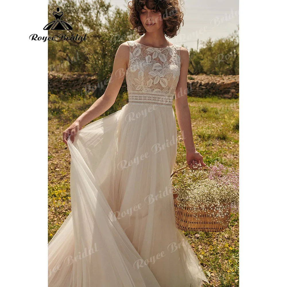 Abito da sposa rustico in pizzo floreale senza maniche A Line per la sposa 2024 abito da sposa per donna Custom Made vestido de noiva boho chique