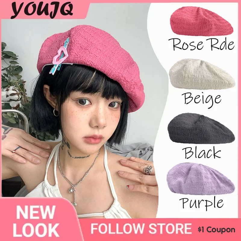 Y2K Sweet Cool Girl Four Seasons Thin Japanese Big Head Beret Texture Painter Hat Pink Love Hairpin Berets Women Hat