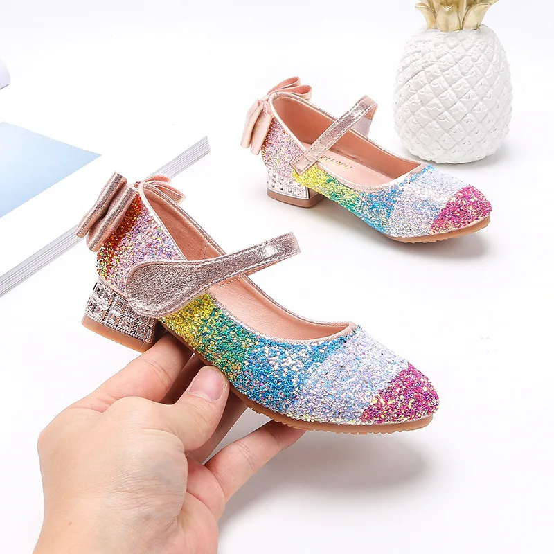 Zapatos Kid Shoe Girl Rainbow Princess Shoe Kids Crystal Mary Jane Shoes Bow Tie Flat Leather Shoes Elegant Sequin High Heels