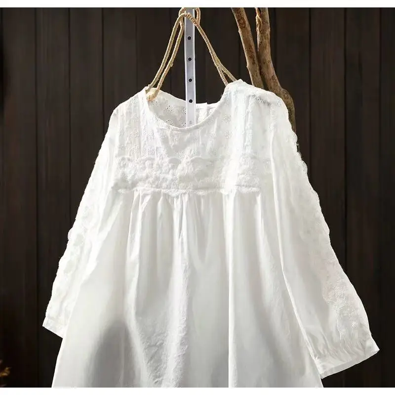 2026 Women\'s 100% Cotton White Lace Embroidered Blouse, 3/4 Sleeve Loose Fit Top, Bohemian Babydoll Shirt