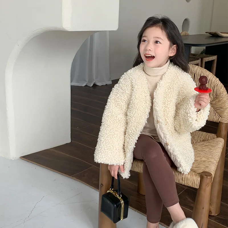 

Girl Top New Autumn Winter Korean Fashion Style Thick Fur Coat Girls Solid Loose Outerwear Kids Long Sleeve Top Children Clothes