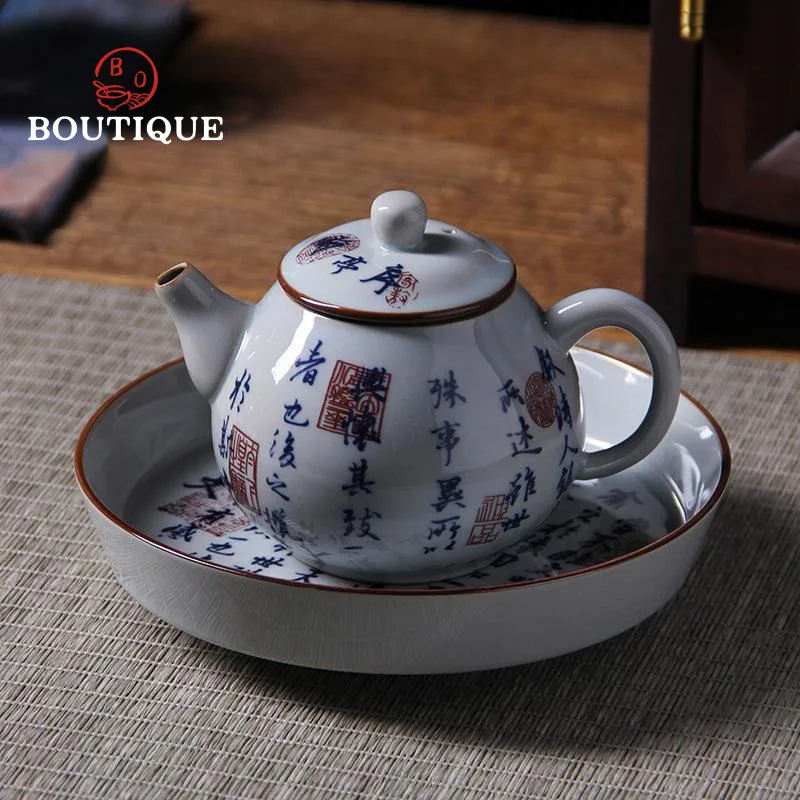 アンティーク手描き詩茶壺青と白の磁器茶注入器茶壺セラミックメーカーポットケトルフィルタープーアル手作り