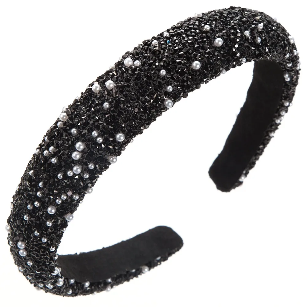 

Retro Colorful Rhinestone Headband Pearl Jewelry Baroque Hair Hoop Wide Edge Hairband Bride Tiaras Party