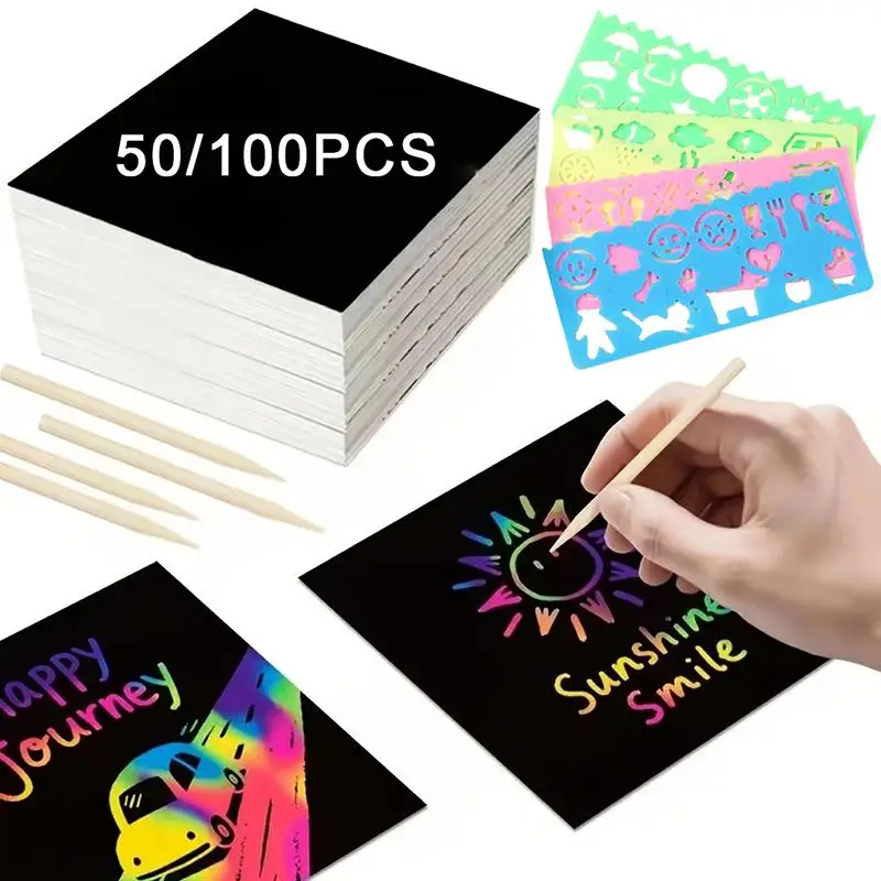 50/100Pcs Rainbow Scratch Art Paper With Bamboo Stylus Vivid Rainbow Effect For Kids DIY Craft Birthday Party School Activities