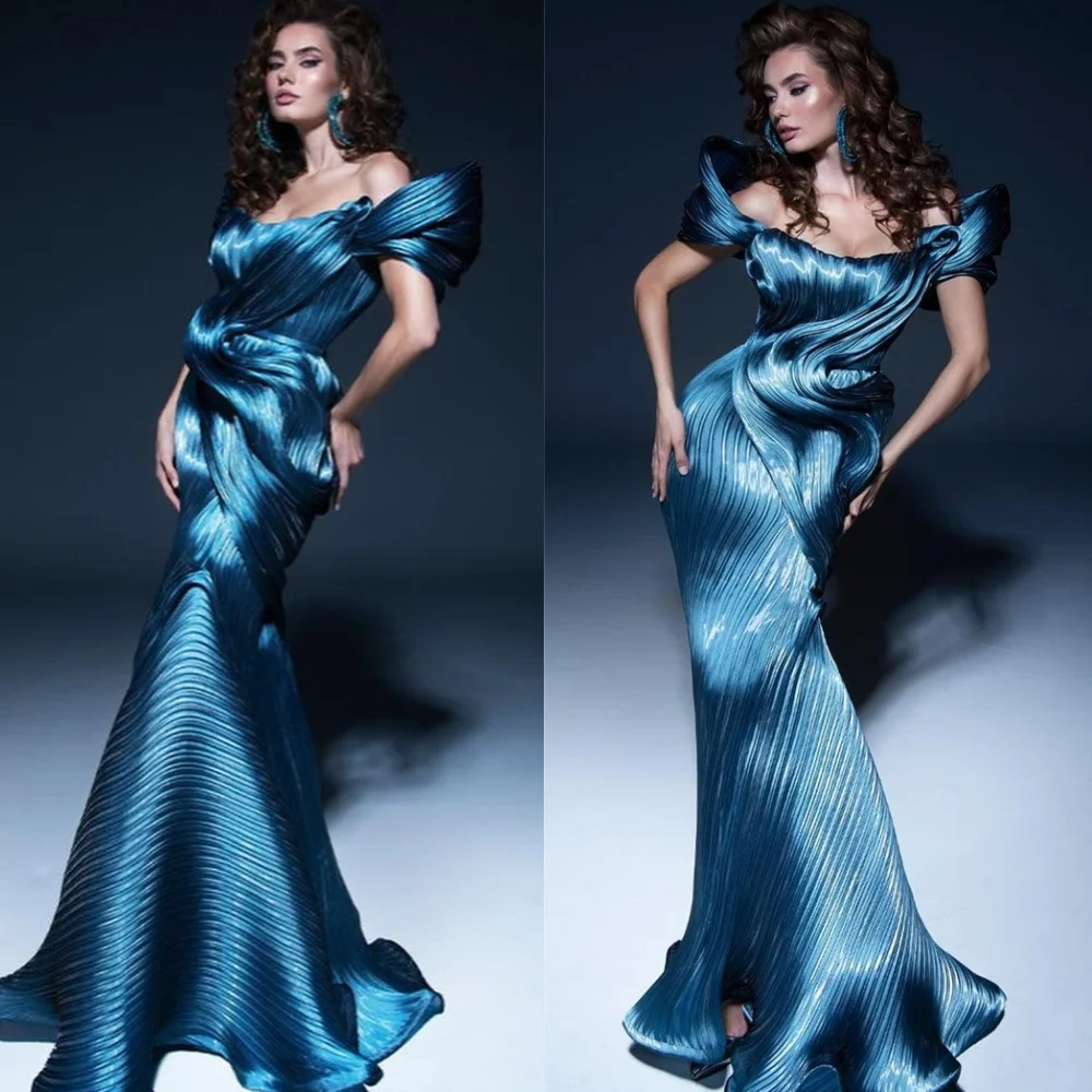 

Customized Elegant Blue Celebrity Gowns Exquisite Boat Neck Off the Shoulder Sequined Mermaid Zipper Back Vestido De Festa