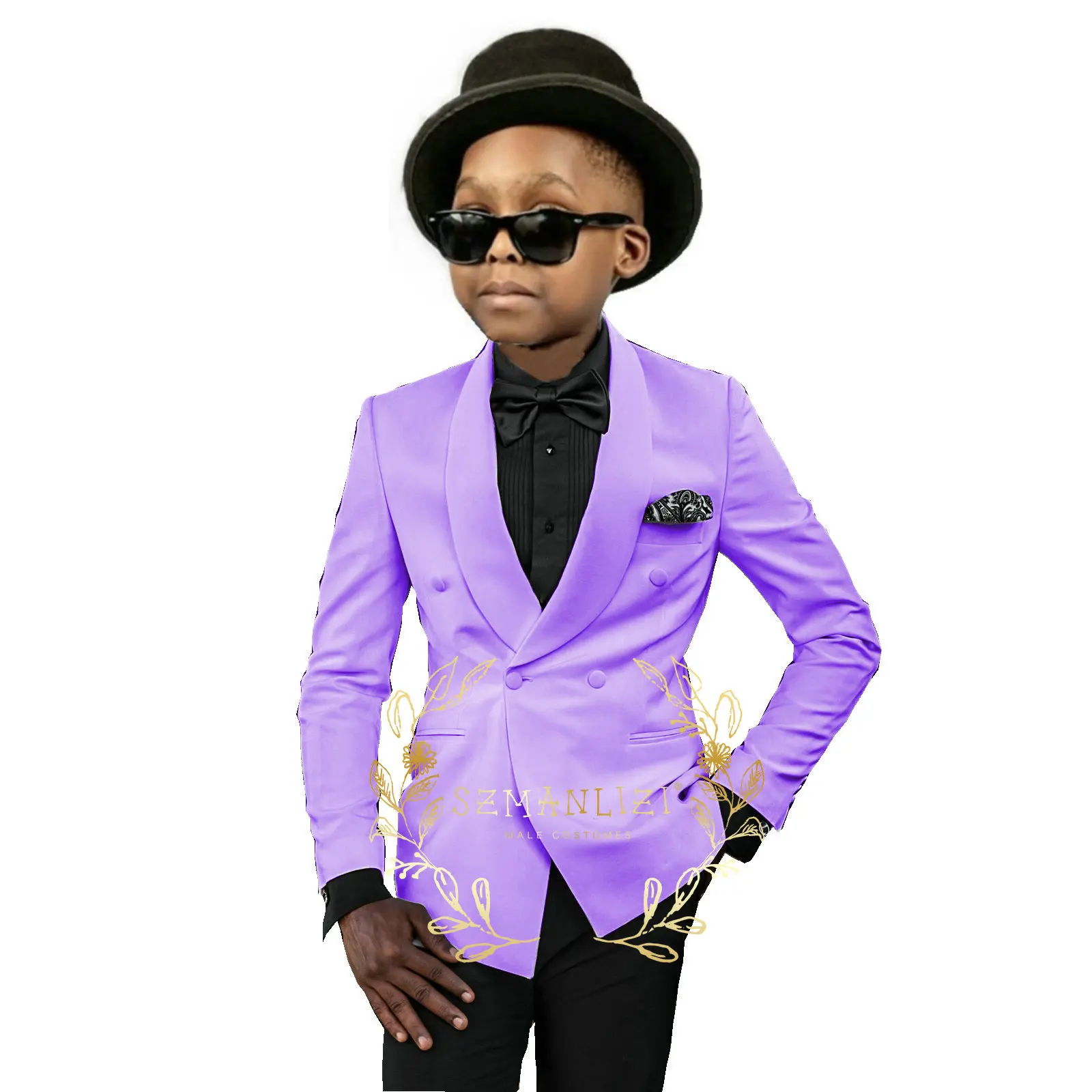 

Boy's Suits 2 Pcs Costume Shawl Lapel Tuxedos Slim Fit Prom Light Purple Kids Blazer Double Breasted Boys Suits For Wedding