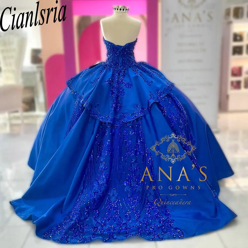 Vestido De baile De encaje con apliques De lentejuelas para quinceañera, corsé con volantes y escote Corazón, color azul real, 15 Años