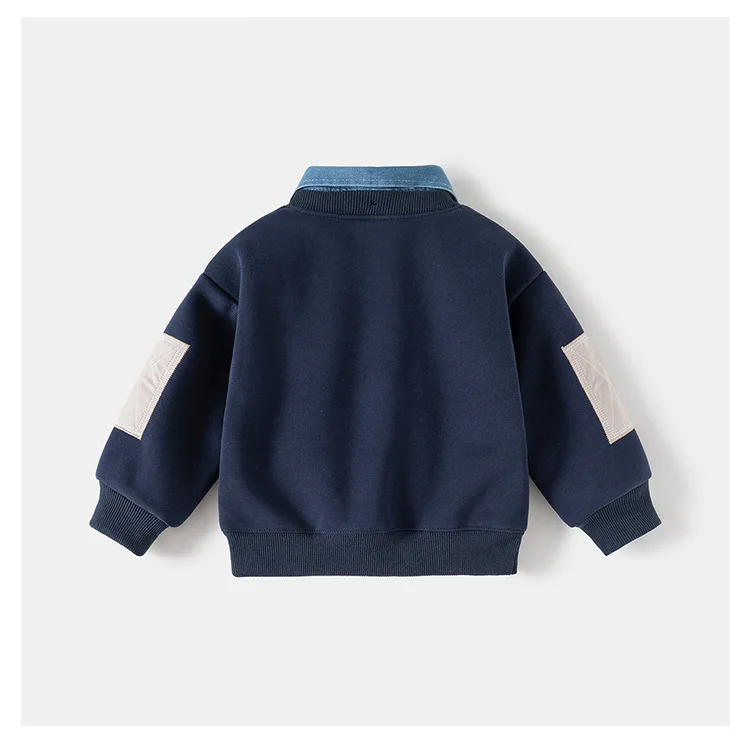 Herbst Winter Kinder Kleidung Jungen Layered Fleece Sweatshirt Denim Kragen Patch Tasche Warme Pullover Kinder Casual Top – Detail 5