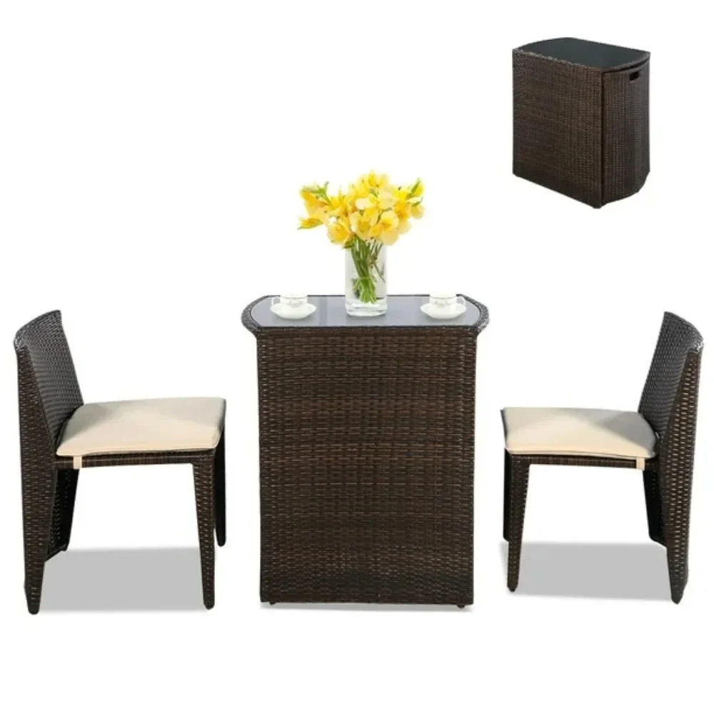 3 Pcs Cushioned Outdoor Wicker Patio Set Garden Lawn Sofa Furniture Seat No Assembly Complete Garden Salon Sets Table Chair