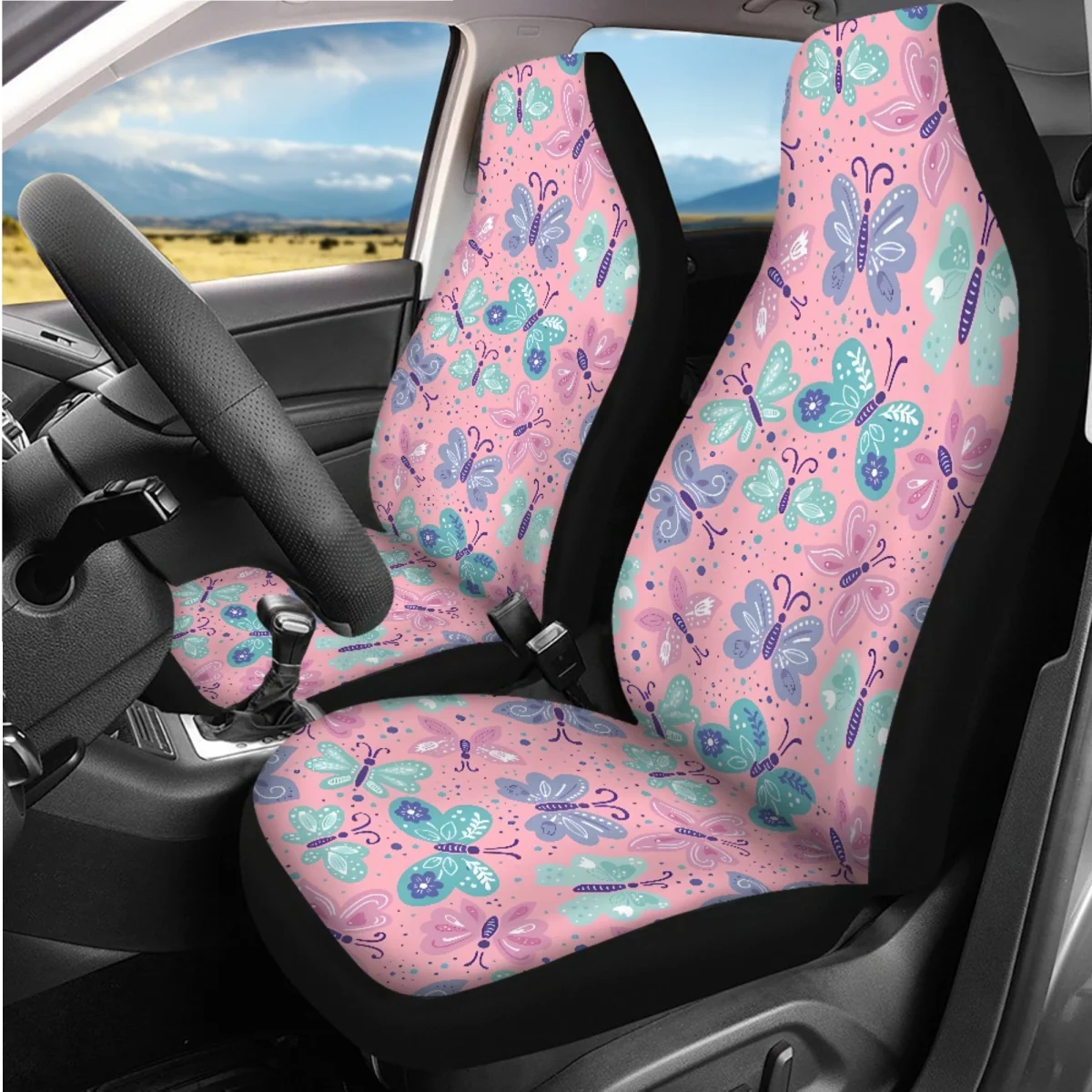 7Pcs Car Accessories Seat Belt Steering Wheel Covers Front Rear Seat Covers Gradient Pink Candy Color Butterfly Auto Spare Parts