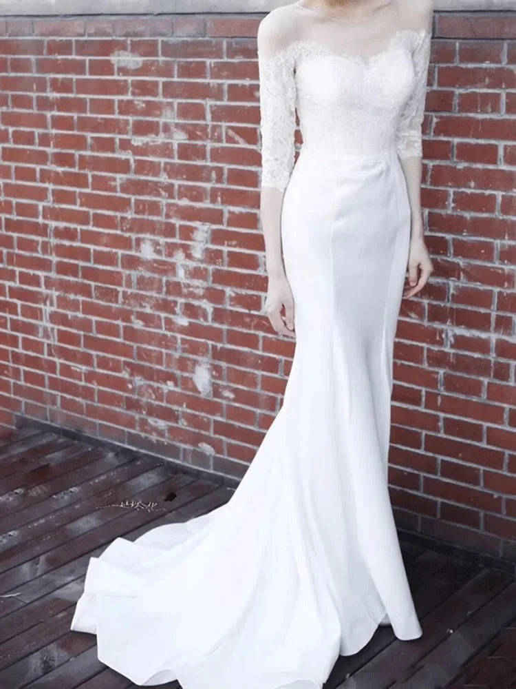 Elegant Mermaid Wedding Dress Chiffon with Lace Bridal Gowns Sheer Neckline Long Sleeves Zipper with Buttons Back