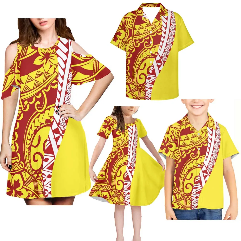 HYCOOL Fashion Birthday Party 4pcs Yellow Matching Family Outfits Cute Mother Daughter Matching Dressess Summer Mom And Son Set