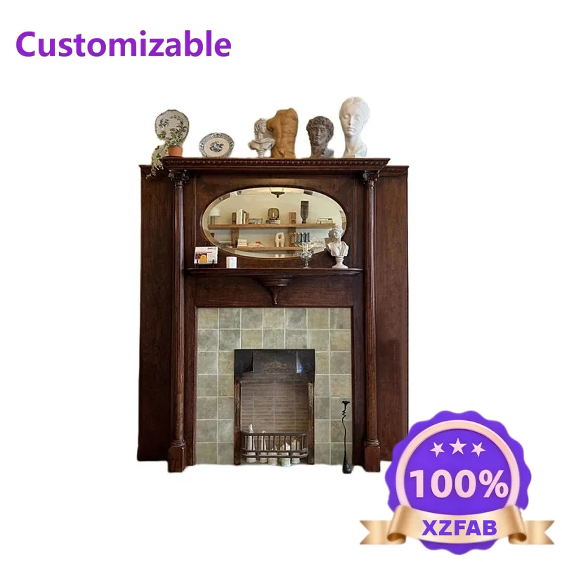 Factory Direct 2026 Antique fireplace decorative cabinet old Shanghai solid wood old mirror fireplace background wall Roman colu