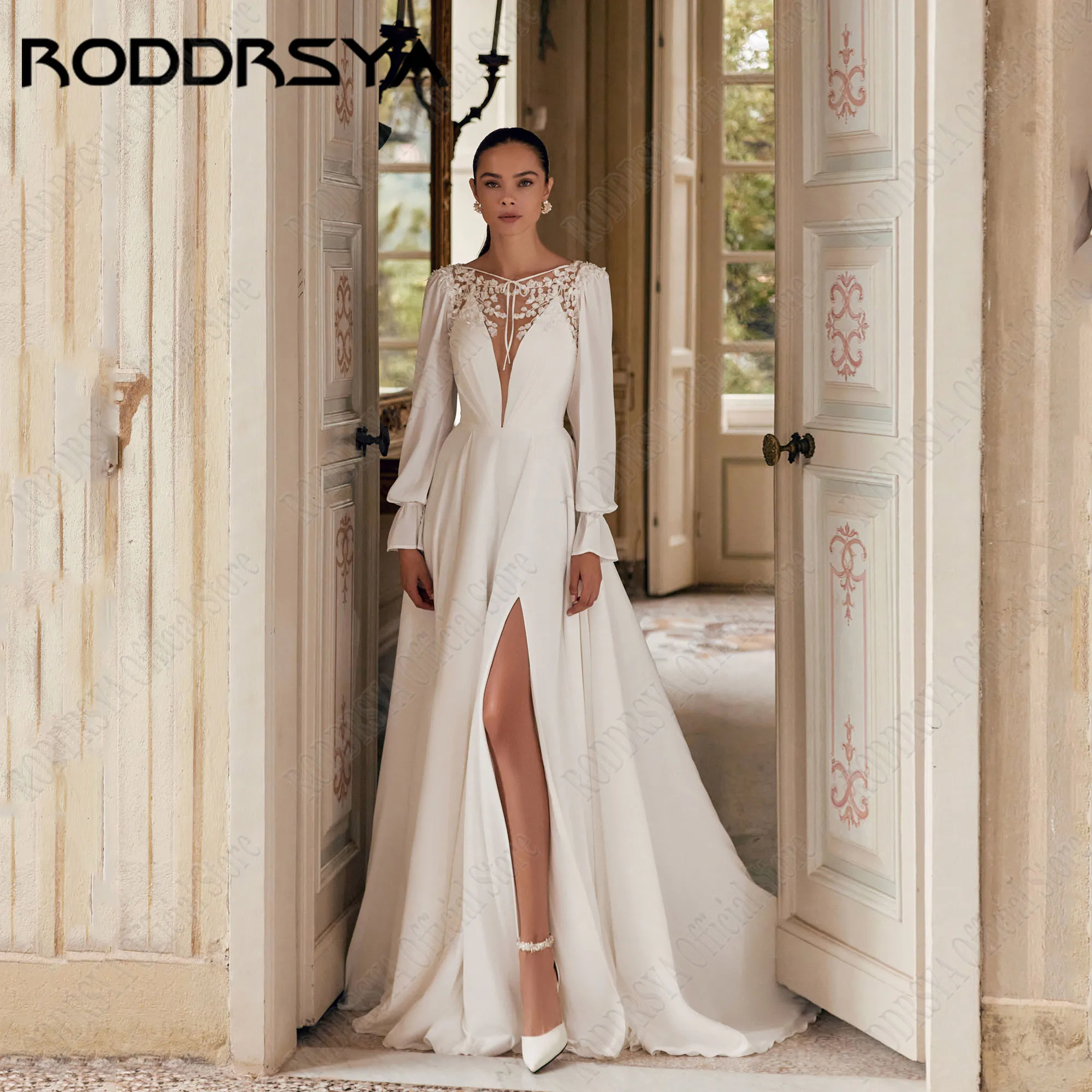 

RODDRSYA Chiffon Wedding Dress Long Sleeves Scoop Neck Side Split Applique A-Line Civil Bride Gowns Backless Vestidos De Novias