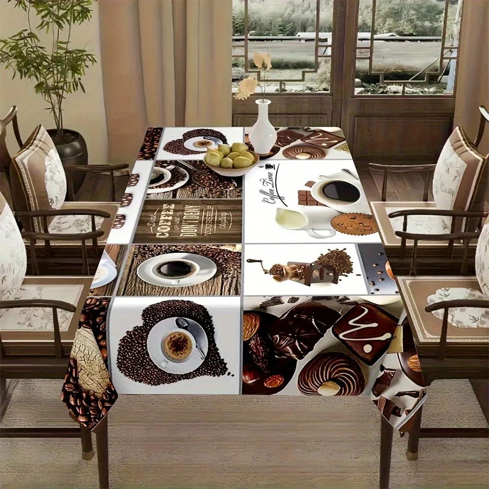 One coffee-printed polyester tablecloth, stylish and elegant, easy to clean, suitable for the spring dining table.