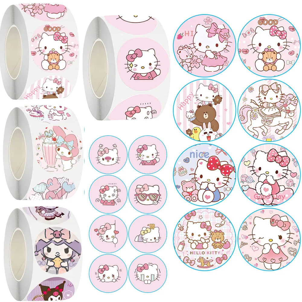 500pcs/Roll Cartoon Sanrio Hello Kitty Kuromi Stickers Kawaii Melody Diy Pvc Laptop Decals Decoration Stiker Kid Reward Gift Toy